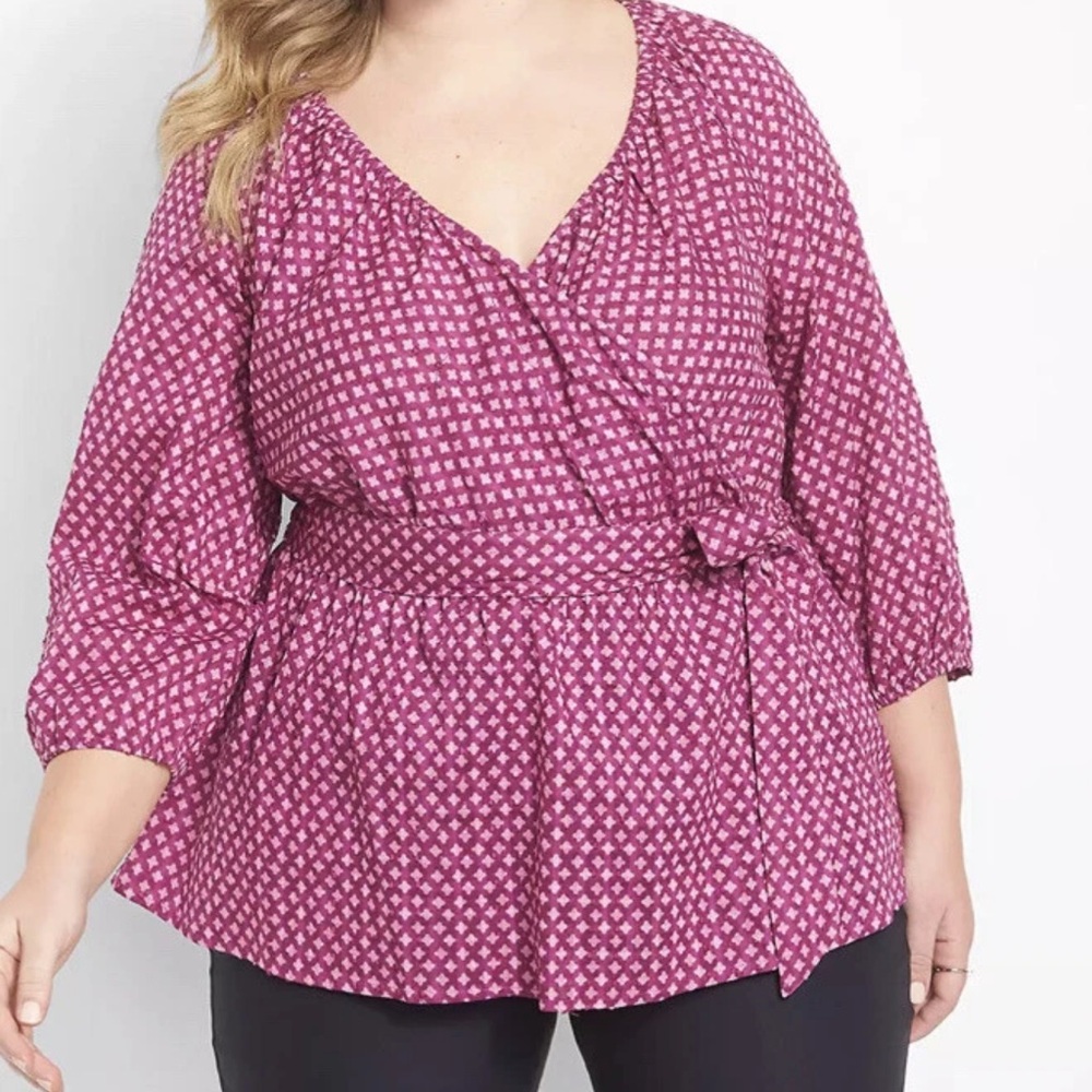 Lane Bryant Faux Wrap 3/4 Sleeve Peplum Top Purple / Pink 18 / 20